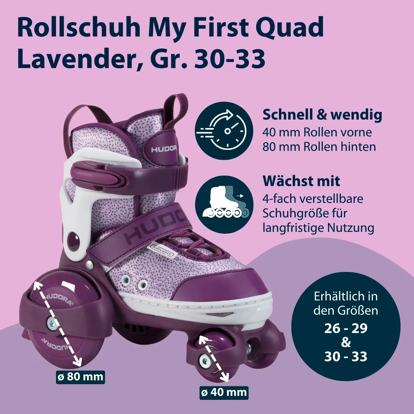Hudora My First Quad Roller Skates, Lavender, Size 30-33 - Image 3